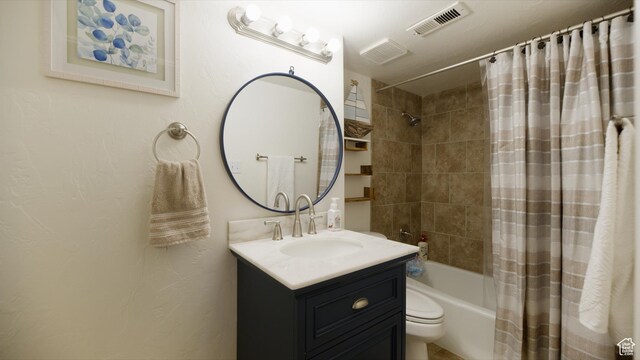 full bath with toilet, shower / bathtub combination with curtain, vanity, and visible vents