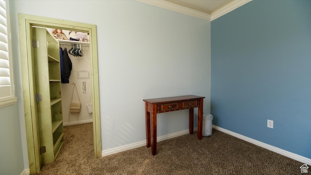 unfurnished bedroom with ornamental molding, baseboards, and carpet