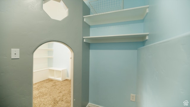 spacious closet with carpet floors and arched walkways