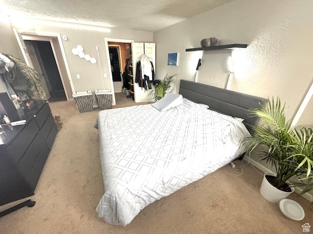 carpeted bedroom with a closet, a walk in closet, a textured wall, and a textured ceiling