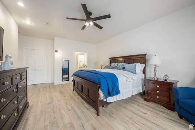 827 E 1070 S, St George, UT 84790 - bedroom with light wood-style floors, a ceiling fan, and connected bathroom