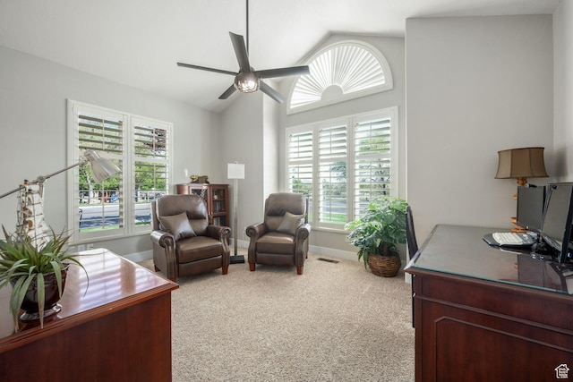 827 E 1070 S, St George, UT 84790 - home office with baseboards, vaulted ceiling, carpet flooring, a ceiling fan, and visible vents
