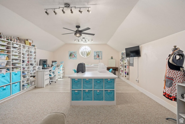 827 E 1070 S, St George, UT 84790 - home office featuring baseboards, ceiling fan, rail lighting, light colored carpet, and lofted ceiling