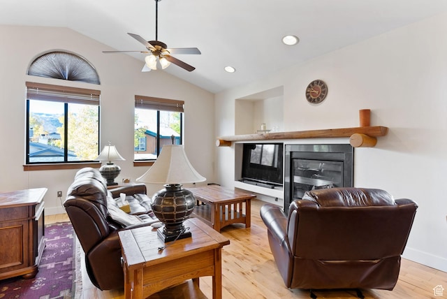 1036 Station Loop Rd, Park City, UT 84098 - living room featuring light wood-type flooring, a ceiling fan, recessed lighting, lofted ceiling, and baseboards