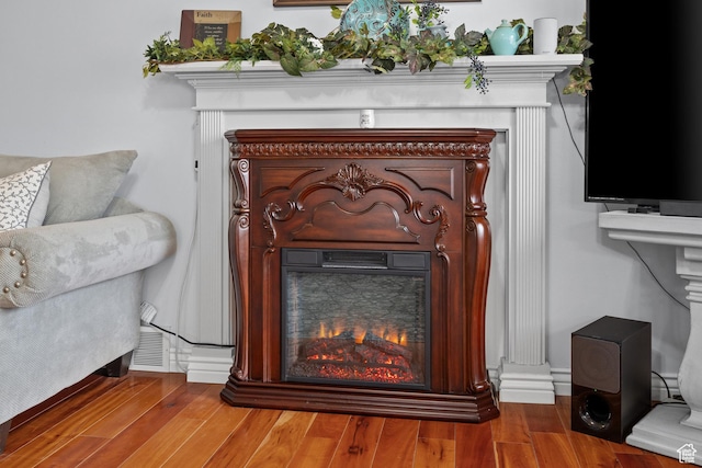 details featuring wood finished floors, a glass covered fireplace, and visible vents