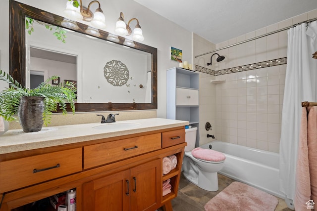 full bath featuring toilet, shower / bathtub combination with curtain, and vanity