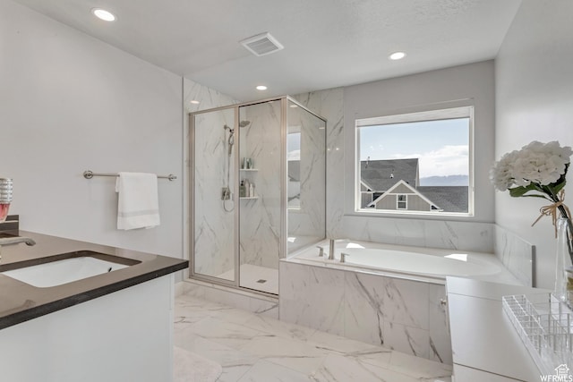 full bathroom with a marble finish shower, visible vents, a bath, and marble finish floor