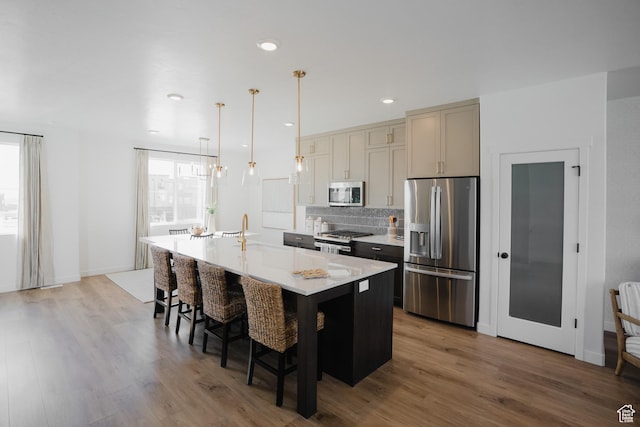 kitchen with wood finished floors, a sink, stainless steel appliances, a center island with sink, and backsplash