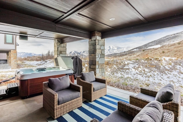 12709 N Belaview Way, Hideout, UT 84036 - view of patio / terrace featuring a mountain view and a hot tub