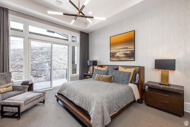 12709 N Belaview Way, Hideout, UT 84036 - bedroom with a chandelier, access to exterior, carpet flooring, and wallpapered walls