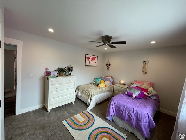 3525 S Sweetwater Pkwy, Garden City, UT 84028 - bedroom with recessed lighting, dark colored carpet, and a ceiling fan