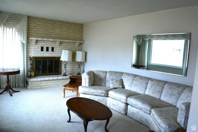 418 N 9th St, Montpelier, ID 83254 - living area with a textured ceiling, carpet, a fireplace, and a healthy amount of sunlight