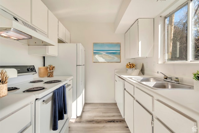 241 E Crestone Ave Unit 16A, South Salt Lake, UT 84115 - kitchen with white appliances, white cabinetry, under cabinet range hood, light countertops, and a sink