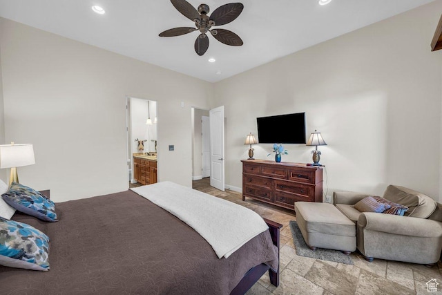 2090 N Tuweap Dr Unit 2, St George, UT 84770 - bedroom with baseboards, ceiling fan, recessed lighting, connected bathroom, and stone finish flooring