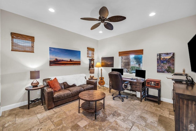 2090 N Tuweap Dr Unit 2, St George, UT 84770 - home office featuring recessed lighting, stone tile floors, baseboards, and a ceiling fan