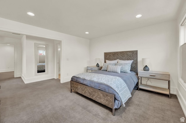 bedroom featuring baseboards, recessed lighting, and carpet