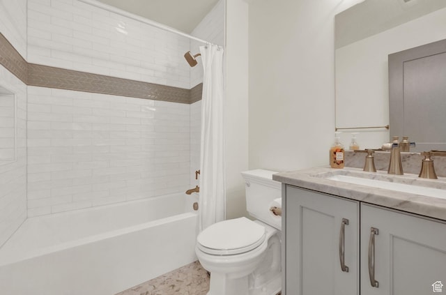 full bathroom with toilet, vanity, and shower / bath combo with shower curtain