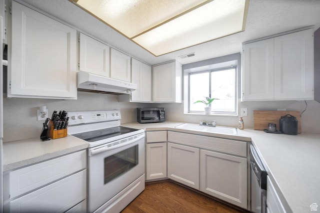 kitchen featuring a sink, light countertops, appliances with stainless steel finishes, under cabinet range hood, and white cabinetry
