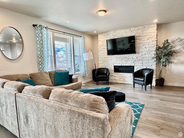 451 W Glenview Loop, Heber City, UT 84032 - living room with baseboards, recessed lighting, wood finished floors, and a fireplace