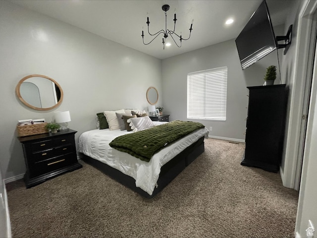 bedroom featuring recessed lighting, carpet, baseboards, and a chandelier