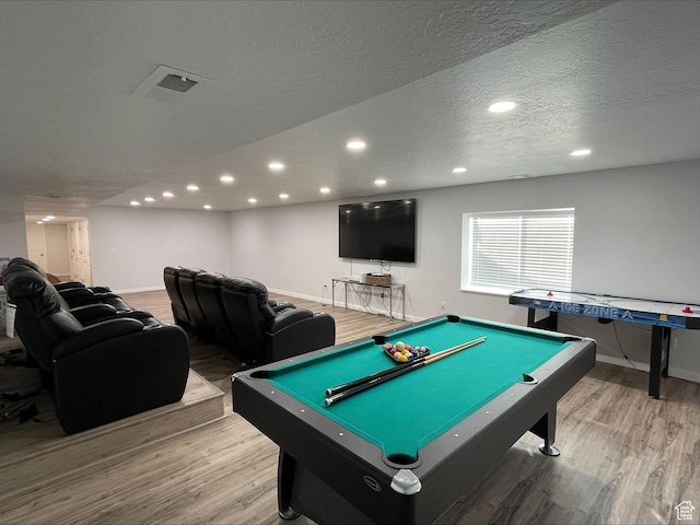 recreation room featuring baseboards, visible vents, billiards, and wood finished floors