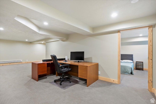 office area featuring a baseboard radiator, light colored carpet, baseboards, and recessed lighting