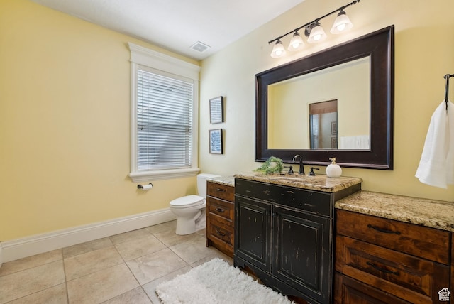 bathroom featuring toilet, visible vents, baseboards, tile patterned flooring, and vanity