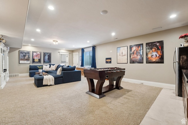 game room with light colored carpet, baseboards, visible vents, and recessed lighting