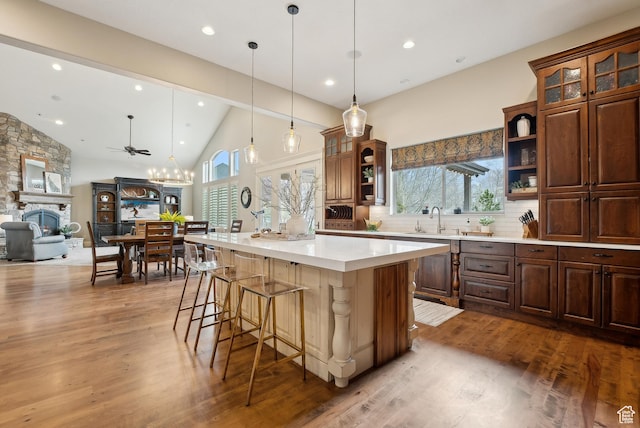 kitchen with open shelves, a stone fireplace, and wood finished floors
