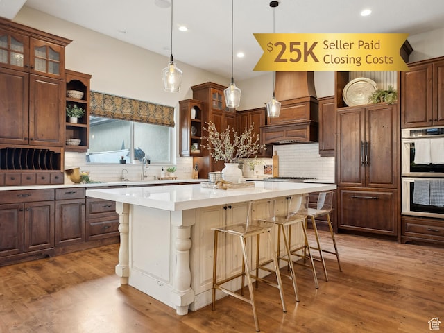 13075 S Summerharvest Dr E, Draper, UT 84020 - kitchen featuring open shelves, tasteful backsplash, light countertops, and recessed lighting