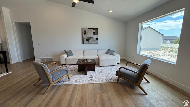 427 E Redwood Ln Unit 120, Grantsville, UT 84029 - living room with lofted ceiling, wood finished floors, and a ceiling fan