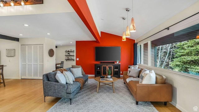 living area with light wood-style flooring, baseboards, vaulted ceiling with beams, and recessed lighting
