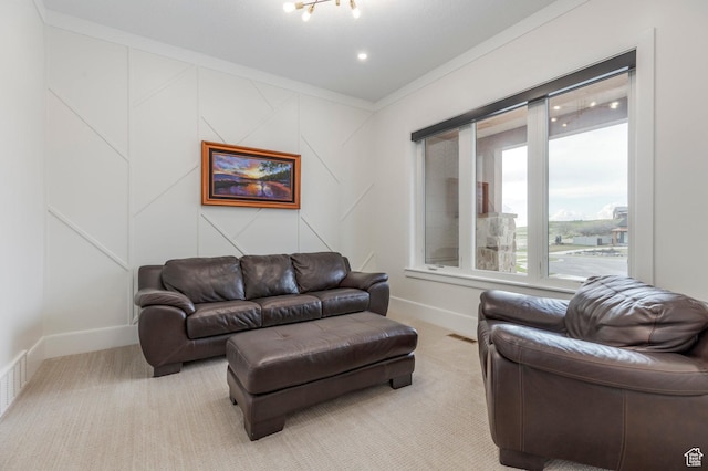 living area featuring light carpet, baseboards, ornamental molding, and visible vents
