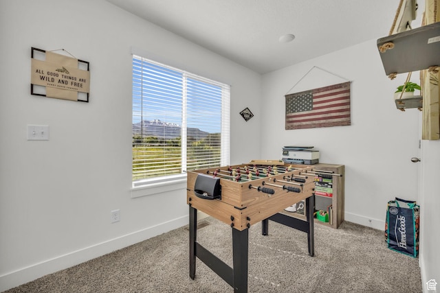 rec room with baseboards and carpet