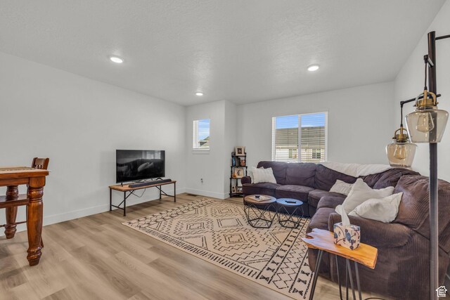 living room featuring wood finished floors, baseboards, and recessed lighting