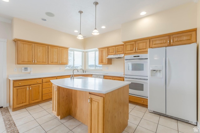 1278 E 530 N, American Fork, UT 84003 - kitchen with white appliances, light tile patterned floors, light countertops, an island with sink, and a sink