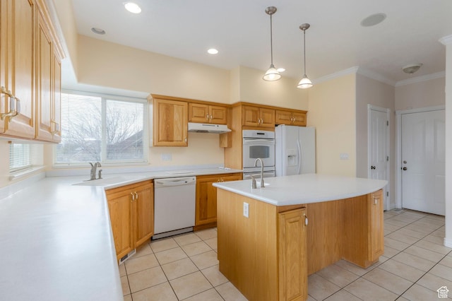 1278 E 530 N, American Fork, UT 84003 - kitchen with white appliances, under cabinet range hood, light countertops, a sink, and a center island with sink