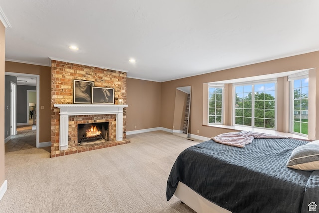 3338 E Creek Rd, Cottonwood Heights, UT 84121 - carpeted bedroom with crown molding, a fireplace, and recessed lighting