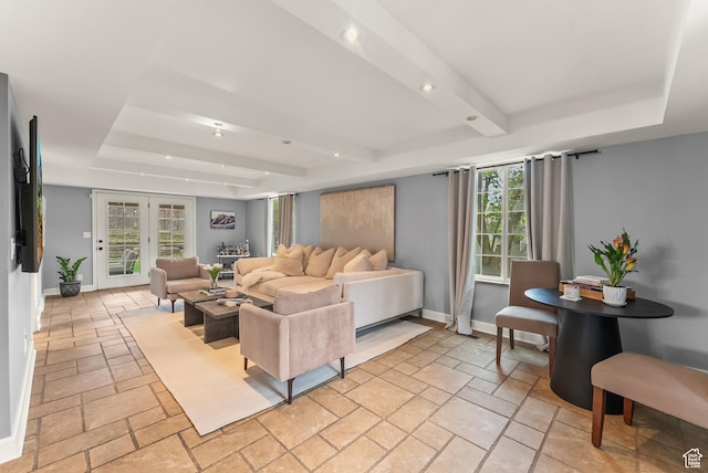 3338 E Creek Rd, Cottonwood Heights, UT 84121 - living room with a raised ceiling, stone tile floors, and recessed lighting