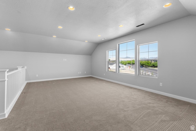 additional living space featuring baseboards, carpet, vaulted ceiling, and a textured ceiling