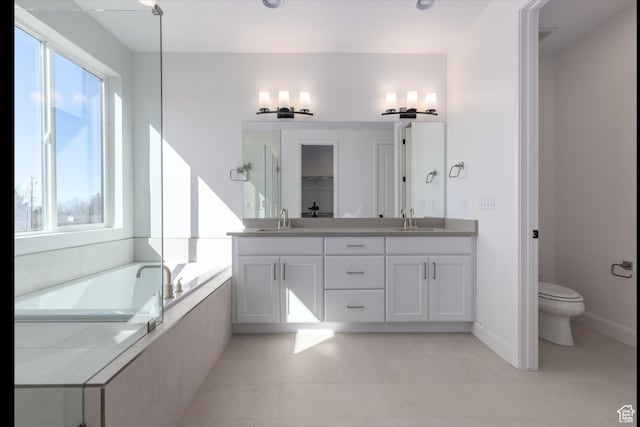 bathroom featuring a shower stall, double vanity, a sink, and toilet