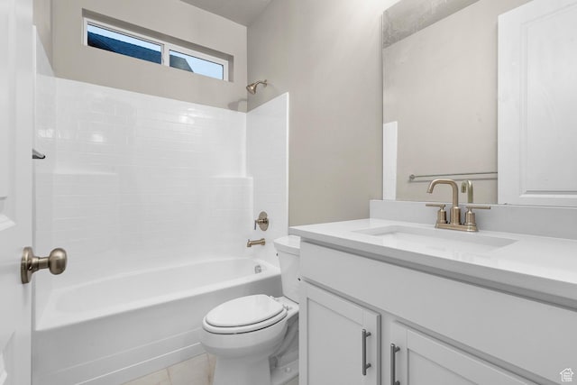 full bath with shower / bathtub combination, vanity, and toilet