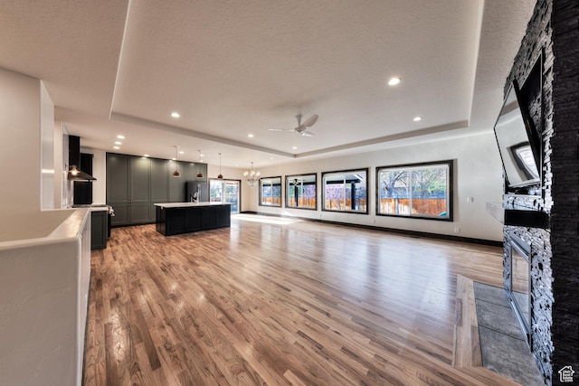 284 W Mcgill Blvd, Moab, UT 84532 - unfurnished living room with a tray ceiling, a stone fireplace, and light wood-style flooring