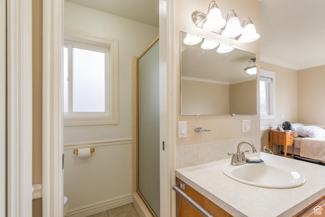 485 N 400 W, Tremonton, UT 84337 - bathroom with a shower stall, crown molding, and a healthy amount of sunlight