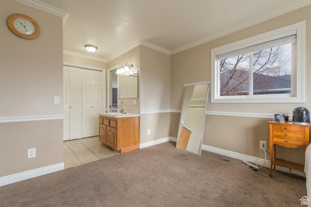 485 N 400 W, Tremonton, UT 84337 - bathroom with baseboards, ornamental molding, visible vents, and carpet floors