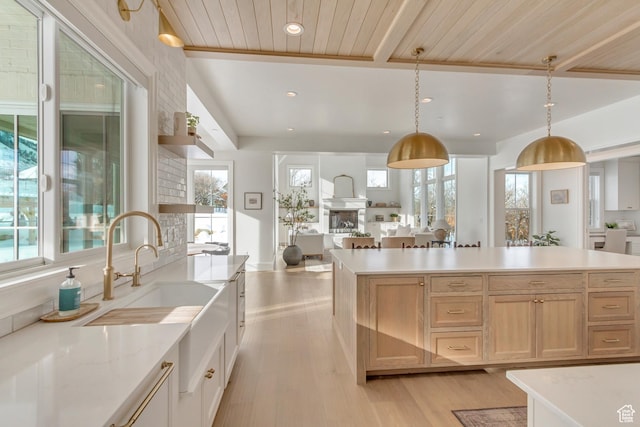 70 E Deer Meadow Ct, Woodland Hills, UT 84653 - kitchen featuring a sink, light wood-style floors, decorative light fixtures, wooden ceiling, and recessed lighting