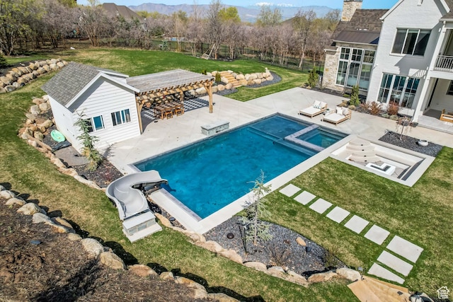 70 E Deer Meadow Ct, Woodland Hills, UT 84653 - pool featuring a mountain view, a pergola, a lawn, a patio, and an outdoor living space