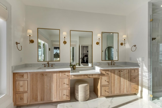 70 E Deer Meadow Ct, Woodland Hills, UT 84653 - bathroom with a shower stall, two vanities, and a sink