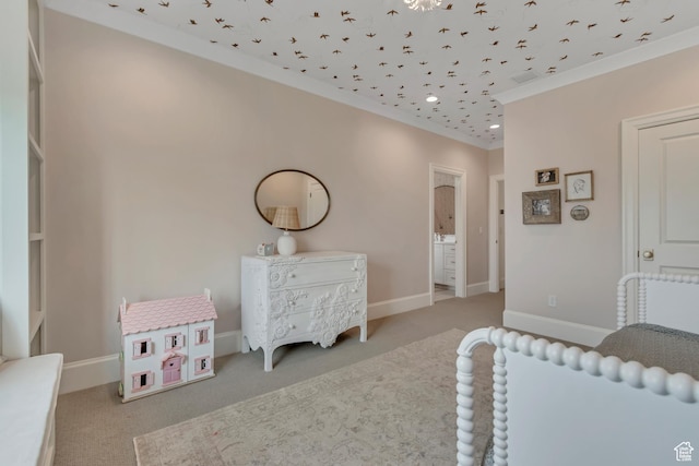 70 E Deer Meadow Ct, Woodland Hills, UT 84653 - bedroom featuring carpet, baseboards, ensuite bathroom, recessed lighting, and ornamental molding