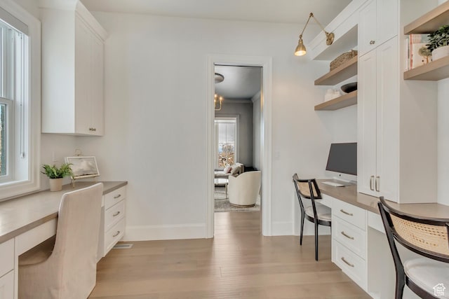 70 E Deer Meadow Ct, Woodland Hills, UT 84653 - office area featuring built in desk, light wood-style flooring, and baseboards